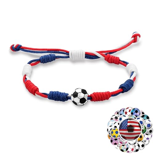 Trinckle Soccer Gifts for Boys, Red White and Blue Soccer Bracelets as World Soccer Cup Game Day Accessories, Adjustable July 4 Bracelet with Soccer Sticker to Match Soccer Jersey Accessories for Team