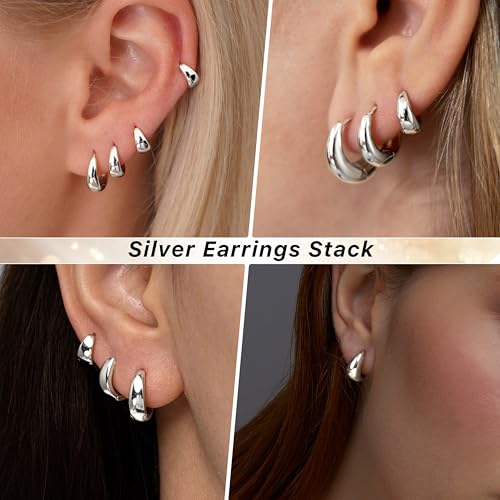 Image of Small Gold Huggie Hoop Earrings Set for Women Men Hypoallergenic 14K Plated Stack Cartilage Earrings, Sterling Silver Multiple Piercing Lightweight Mini Thin Cute Dainty Trendy Jewelry Gifts for Women