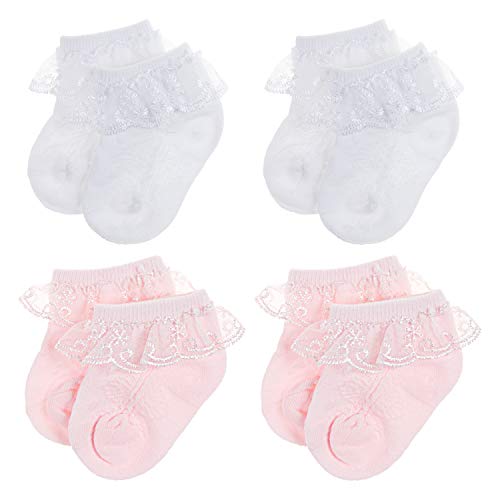 Image of BQUBO Baby Girls Socks Eyelet Ruffle Lace Sock Newborn/Infant/Toddlers/Kids Frilly Dress Sock for Baby Girl