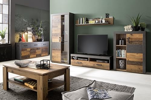trendteam smart living - Indy - Wohnwand - Eiche/Grau - Anbauwand mit Stauraumvitrine, Stauraumelement, TV-Unterschrank und Wandboard - (BxHxT) 343 x 189 x 40 cm - antikfarbene Griffe