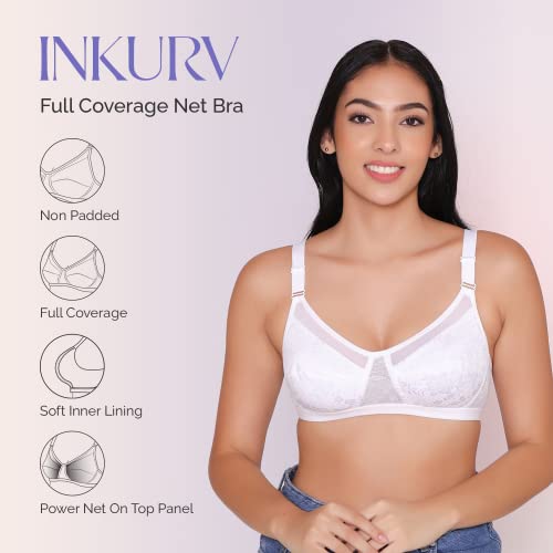 Image of INKURV Non-Padded Full Coverage Bra for Women with Cotton Blend Lining | Stylish and Stretchable Net Design | Fancy and Soft Bra for Women Daily use