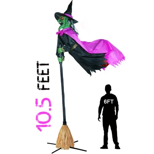 10.5FT Outdoor Animated Flying Witch Halloween Decor on Broom, Sound