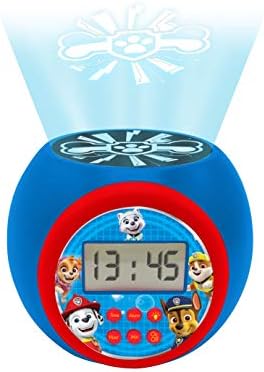 Paw Patrol Marshall,Rubble,Chase,Stella and Everest Projector alarm clock with snooze function and alarm function ,Night light with timer , LCD screen, battery operated , Blue / Red, RL977PA