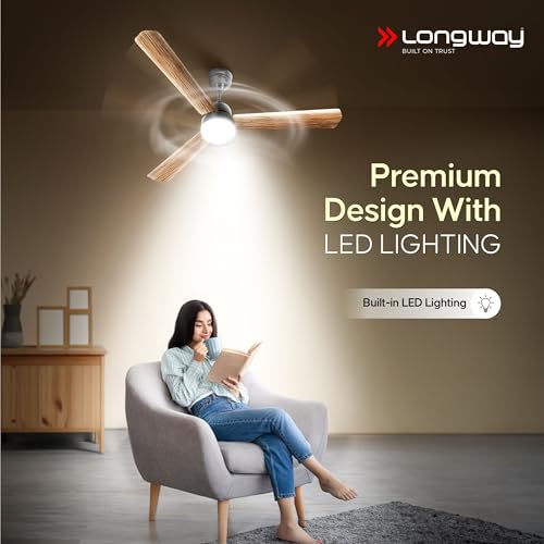 Image of LONGWAY Luminair Max 1200 mm BLDC Ceiling Fan with Remote Control & LED Light | BEE 5 Star Rated Energy Efficient | Ultra High Speed 3 Blade Anti-Dust Decorative | 5 Years Warranty (Smoked Cedar)