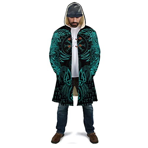 Vikings Men's Lambswool Hooded Jacket Odin Munnin Huggin 3D Printed Warm Thickened Jacket Winter Casual Long Sleeve Coat (Color : Celtic Raven, Size : 3X-Large)2