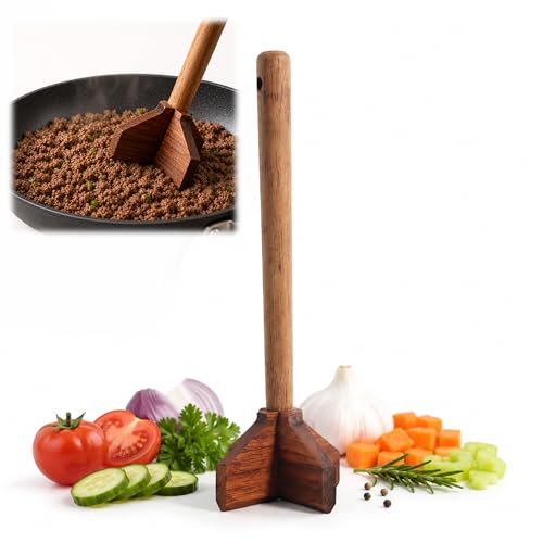 Wooden Meat Chopper for Ground Beef, Hamburger Masher Works with Nonstick