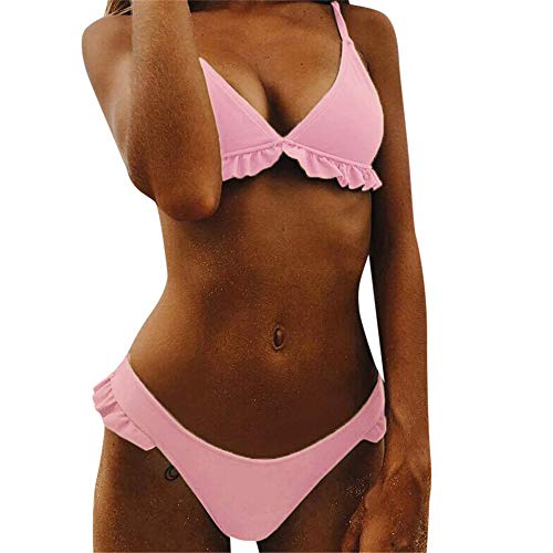 Preisvergleich Produktbild Aiserkly Triangel Bikini Klassischer Strandbikini Schwimmanzug Zweiteilige Badeanzug Damen Gepolstert Push-Up BH Bikini Set RüSchen Badeanzug Niedrige Taille Badeanzug Schwimmen Rosa S