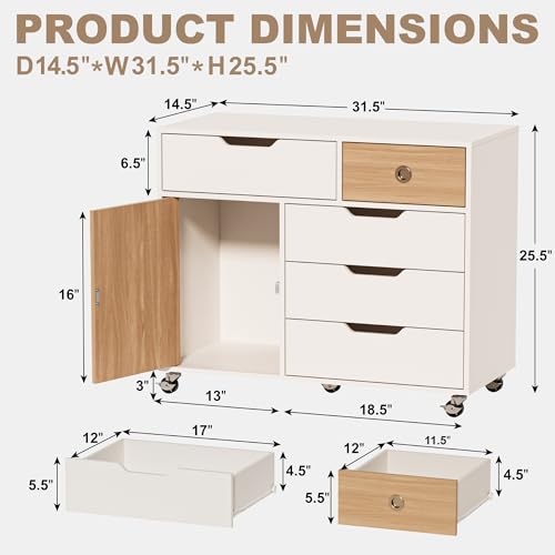 Image of 5 Drawers Mobile File Cabinet with Door, Rolling File Cabinet Printer Stand Table Craft Storage Cabinet, Under Desk Wooden Filing Cabinets for Home Office Essentials Storage Organization Furniture