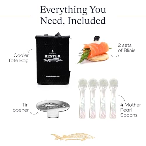 BESTER CAVIAR Premium Osetra Sturgeon Caviar – Traditionally Harvested Malossol Ossetra Black Roe with Crème Fraîche, Tin Opener, 2 Blinis & 4 Pearl Spoons – Single Tin (1.76 oz)