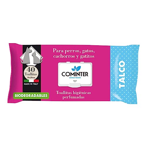 COMINTER Toallitas Higiénicas para Perros y Gatos Biodegradables Aroma Talco 40 Unidades; toallitas Húmedas Desodorantes para la Higiene de Mascotas, Tejido Resistente