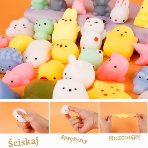 TWOONTO Mini Squishy Pack, miękkie zabawki mokki 40 szt. Moji Fidget zabawki, mini kawaii zwierzęta figierowe torby na przyjęcia wypełniacz mini antystresowe zabawki dla chłopców dziewcząt dorosłych prezent urodzinowy