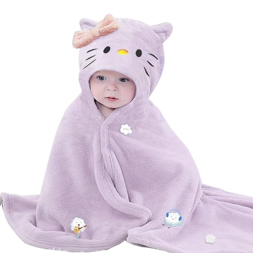 Image of IFaryMes Toddler Baby Bath Towel with Hood 27.5"X55" Ultra Absorbent Soft Cozy Comfort Bathrobe Blanket, 0-6 Years Infant Shower Towel for Girls & Boys(Purple-Cat)