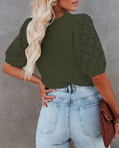 Image of Womens Short Sleeve Sweaters Crewneck Knit Pullover Tops 2025 Summer Casual Lightweight Crochet Blouse Shirt