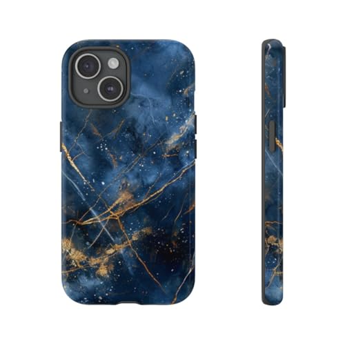 Coque iPhone 15 marbre bleu et or : protection rigide brillante premium