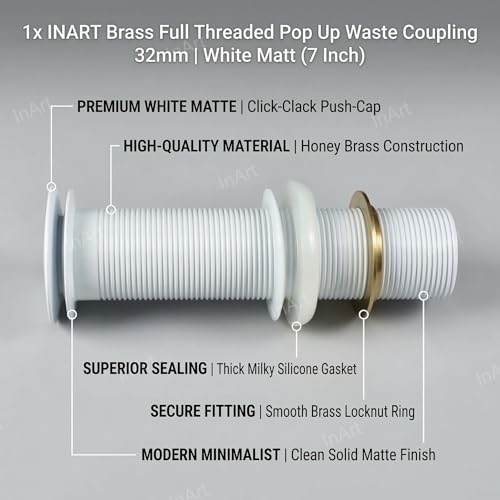 Image of InArt Brass Pop Up Waste Coupling 32MM White Matt, Easy Press Anti-Foul for Table Top Basin, Fits All Basins, Brass, 7 Inch - (White 2)