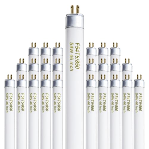 Konideke 46 Inches T5 Fluorescent Bulb 54W F54T5/850/HO 54 Watt T5 High Output 5000K Fluorescent Tube 25 Pack G5 Base 4200 Lumens CRI 82