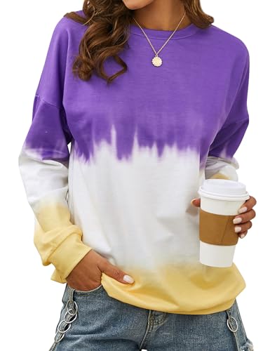 Dresswel Women's Oversized Crew Neck Tie Dye Sweatshirts with No Hood Plus Size Casual Color Block Long Sleeve Pullover Tops4