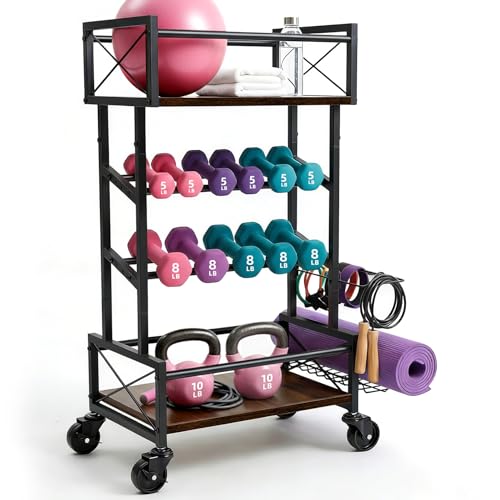 4 Tier Home Gym Storage Rack with Wheels Yoga Mat Rack Small Dumbbell Weight Rack Multi-Functional Wood Metal Gym Equipment Storage Rack Workout Cart for Women Kettlebell Fitness Organizer