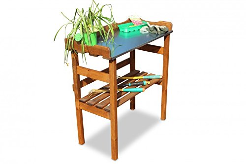Mesa para plantas de madera con encimera galvanizada, color marrón, 80 x 40 x 82 cm