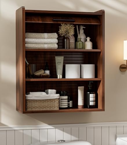 Image of ZttRiee Bathroom Wall Cabinet, Medicine Cabinet with Roll-Up Door & 3 Shelves, Over The Toilet Wall-Mounted Storage Cabinet, Walnut
