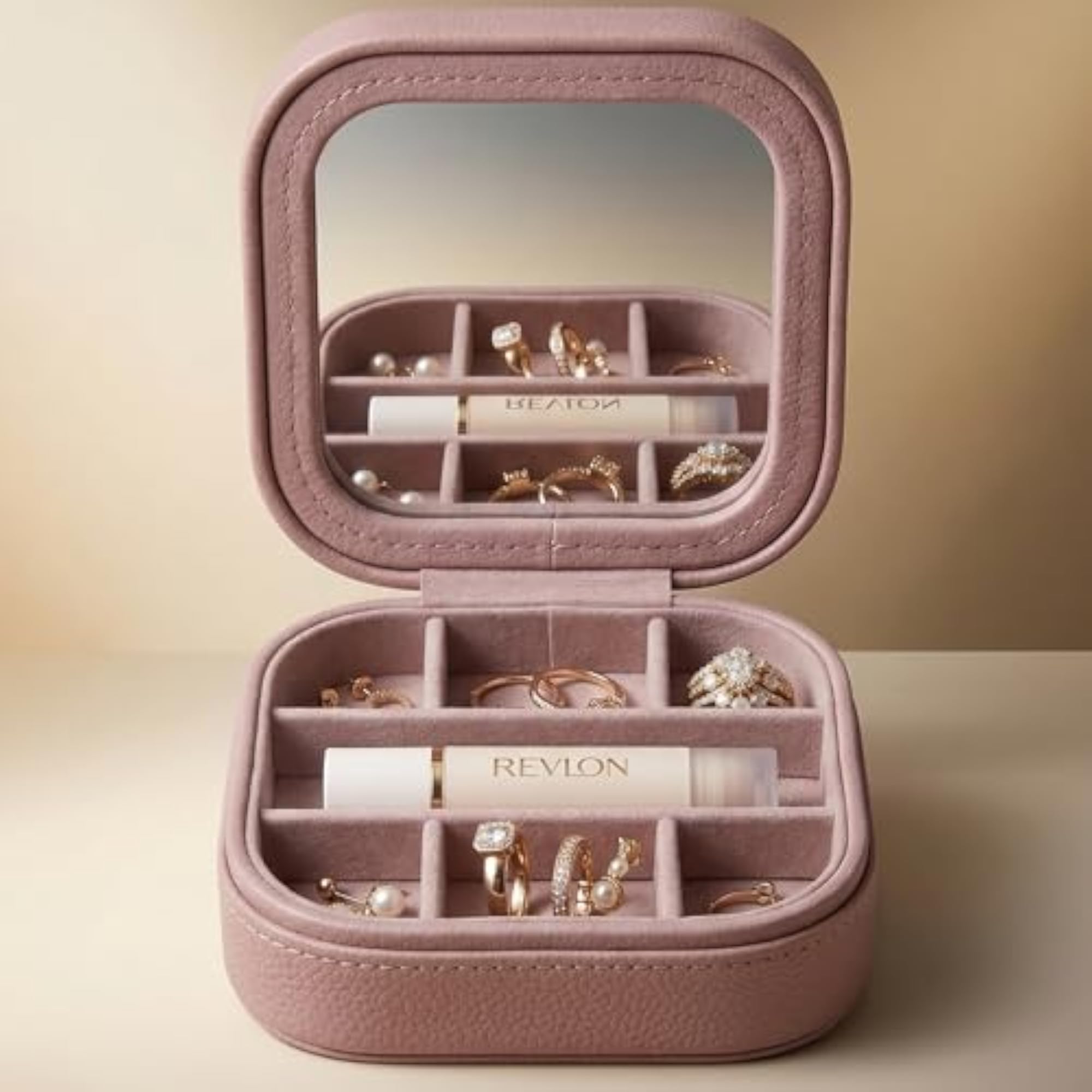 Pink Travel Jewellery Box with Mirror, Multiple Compartments