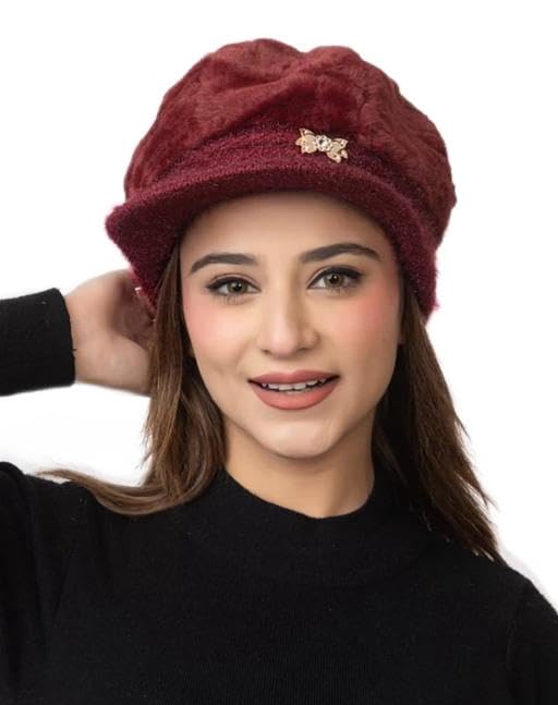 Burgundy Velvet Newsboy Cap, Winter Fashion Hat for Women, Butterfly Pin Accent Pack of 1-picture-42
