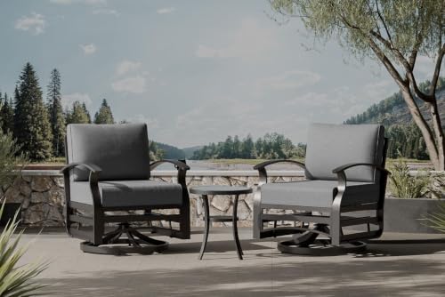 Image of 3 Piece Outdoor Patio Furniture Set, Aluminum Meta Swivel Rockerl Chairs, Overstuffed Washable Cushions Bistro Set for Porch, Balcony, Deck, Garden Grey