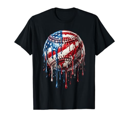 Softball Drip Ice Cream American Flag 4th of July T-Shirt