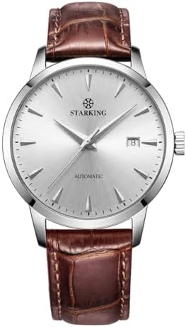 STARKING AM0184 Dress Automatic Watches for Men, See-Through Case Back, Wrist Watches with Date, 5ATM Waterproof, Stainless Steel, Leather Strap, Sapphire Crystal, White Face of Analog Watch, Brown