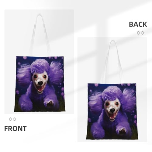 Purple Poodle Print Reusable Canvas Tote, Shopping Bag With Handles For Daily And Grocery Use3