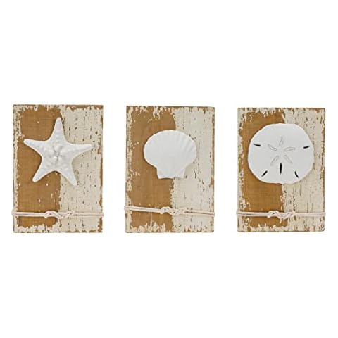 SOFFEE DESIGN Set of 3 Beach Elements Wall Decorations, Ocean Wooden Block Framed 3D Shell & Starfish & Sand Dollar Hemp Rope Design, Seaside Signs Coastal Theme for Bathroom Home Decor Cover