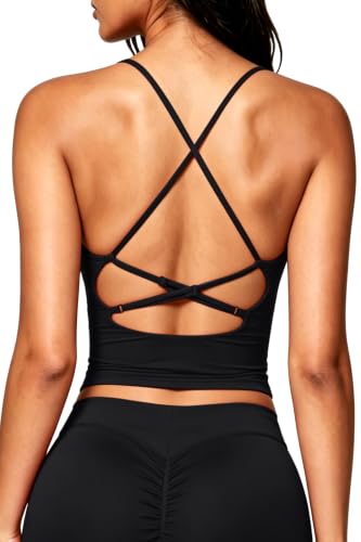 Image of QINSEN Womens Cross Back Tank Top V Neck Double Lined Camisole Top Sleeveless Spaghetti Strap Going Out Tops