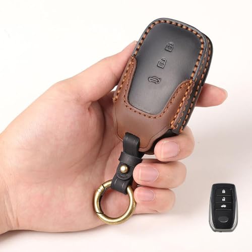 Image of Keyzone Dual Leather Key Cover for Toyota Fortuner, Legender, Land Cruiser, Innova HyCross 3 Button Smart Key (Black-Brown)