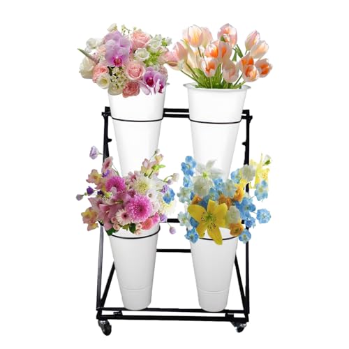 Flower Display Stand, 2 Layers Heavy Duty Metal Moving Wrought Iron Bouquet Shelf, Iron Florist Flower Display Stand with Plastic Buckets and Wheel, for Garden, Courtyard (2 Tier 4 White Bucket)