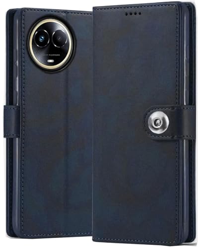 Image of Genuine Matte Leather Finish Flip Cover for Realme RMX3782 / Realme 60x | Inside Back TPU Wallet Stylish Button Magnetic Closure for Realme Narzo 60X 5G - Navy Blue