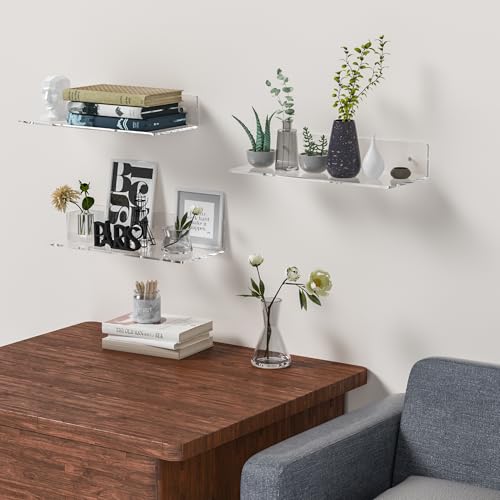 Image of 15 Inches Clear Acrylic Shelves, Wall Mounted Shelves for Bedroom, Wall Display Shelves for Collectibles, Funko Pop, Speaker, Plants, Space Saver, Wide Application, 4 Pack