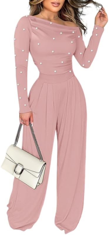 Jumpsuits For Women Dressy Pearls Decor Long Sleeve One Piece Outfits For Women Casual Ruched Wide Leg Rompers