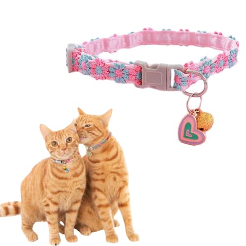 DICOCO 猫首輪,鈴とつけた,デージーの花柄,オレンジ形 可愛い首飾り 猫の首輪,猫くびわ セーフティバックル付 サイズ調節可,超軽量 柔らかい ペット首輪 (愛)
