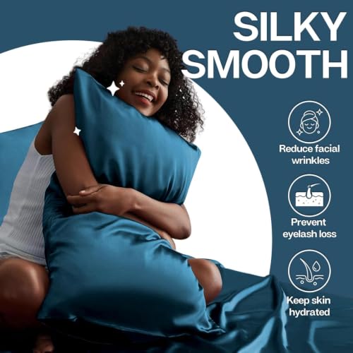 Image of SKVM Satin Silk Pillow Covers Set of 2 for Hair and Skin scrunchies Set for Women 3-Pieces Pillowcase Soft Breathable Smooth Sleeping Envelope Closure Cover Bed Anti Frizz 18 inchX 28 inch (2, Teal Blue)