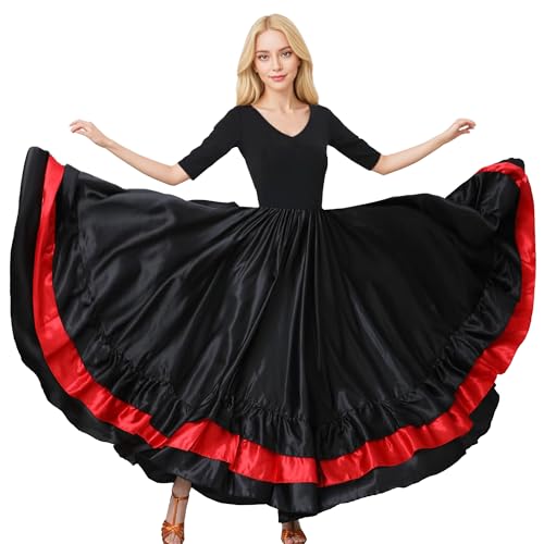 Baisdan Gonna da Donna per Danza del Ventre - Gonne Multistrato con Volant in Raso per Flamenco Spagnolo, Danza del Toro Spettacolo Nero