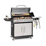 Klarstein Tomahawk - Gasgrill, Piezozündung, rostfrei: Edelstahl, SnapJetIgnition System, gusseiserner 80 x 43,5cm Grillrost, 5 Brenner (Hitzeleistung: 5 x 3,6 kW) + 1 Wok-Brenner (2,7 kW), silber