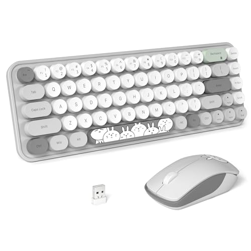 FOPETT Wireless Keyboard and Mouse Cute Mouse and Keyboard 2.4G Wireless Keyboards with Colorful 68 Keys Typewriter Retro Round Keycap for PC, Laptop,Tablet,Computer Windows - Grey Colorful