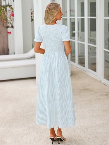 Simplee Womens Summer Casual Midi Dress Striped Smocked Puff Sleeve High Waist A Line Boho Beach Vacation Dresses with Pockets Light Blue M — view 5