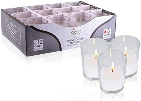 KISCO CANDLES: 8 Hour Votive Candles 12-Pack with Holders Clear Decorative Glass Home Decor, Beautiful Living Room, Kitchen, Bathroom Lighting | Long-Lasting Wax