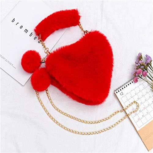 Miniatura 4 de Bolso de mano de piel sintética con forma de corazón para mujeres y niñas, bolso de hombro de felpa con correa de cadena de metal, Rojo -, Portátil