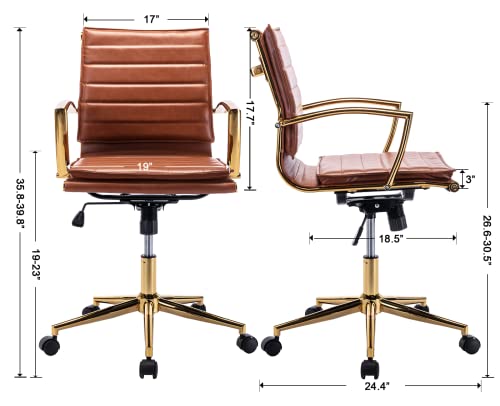 Ealson Modern Leather Office Chair Comfortable Home Office Desk Chair With Wheels And Arms Gold Base Conference Chair Ergonomic Computer Task Chair Adjustable Swivel Chair, Brown #TOP6