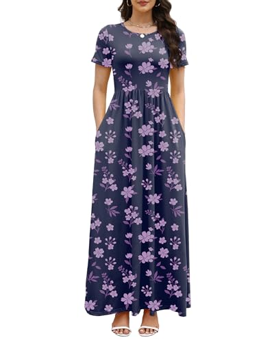 Image of COSSEN Women's Crew Neck Short Sleeve Maxi Dress with Pockets Casual Loose Swing for Wedding Guest Beach Vacation