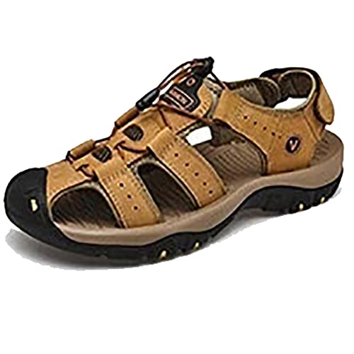 MILDSEVEN Hollow Out Men's Closed Toe Sandals, Fashion Real Leather Hiking Sandals, Large Size Backpacking Beach Shoes,9,Gold