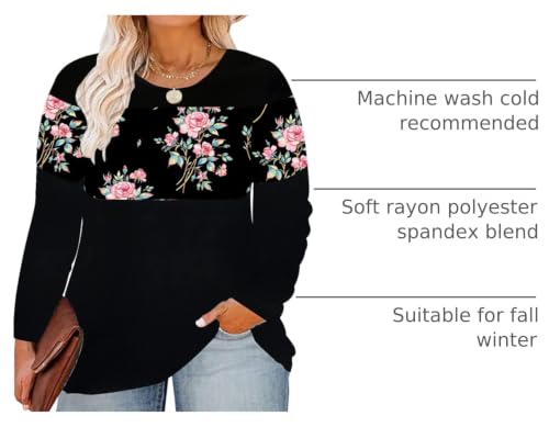 Image of CARCOS Plus Size Tops for Women Color Block Flower /Striped /Camo Crew Neck Long Sleeve Tee Shirt