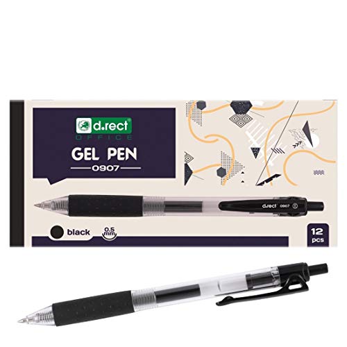 D.RECT 0907 12 Stück | Gelschreiber Druckgelschreiber | Gelstifte feine Spitze | Gummierte Grip Schwarz